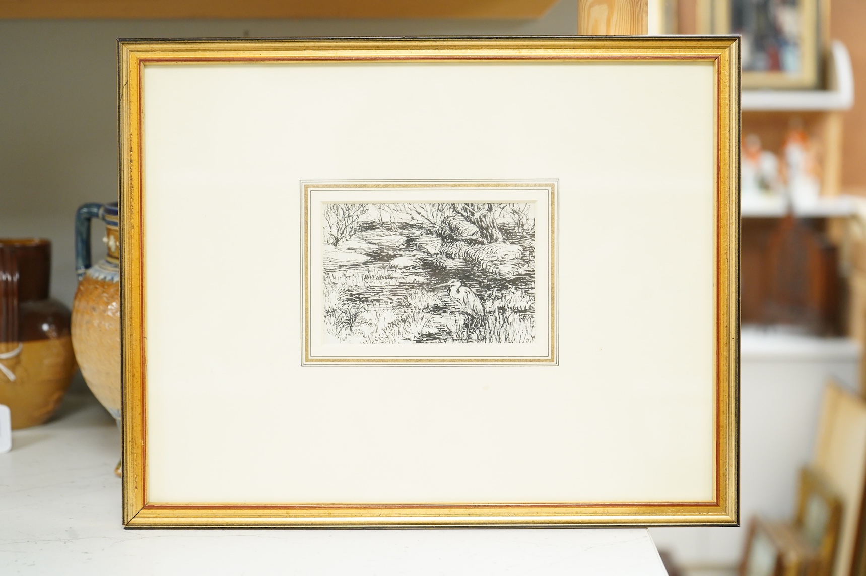 Lynton Lamb RDI, FSRA, FSIA (1907-1977), ‘Heron in the Marsh, pen and ink, unsigned, ex. Chris Beetles, label verso, 7.5 x 11cm